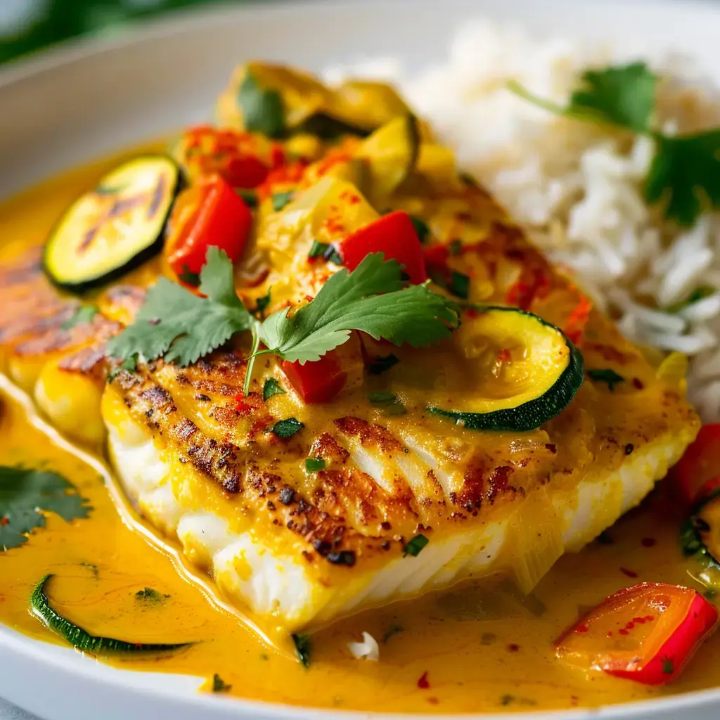 Un filet de poisson grillé avec une sauce crémeuse, accompagné de légumes colorés et de riz.