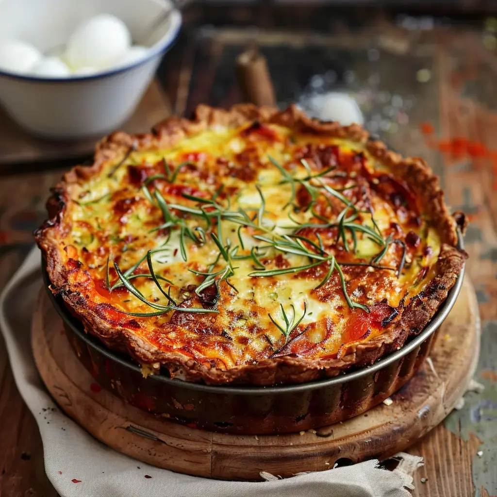 Tarte salée dorée, garnie de fromage et de légumes, posée sur une planche en bois avec un bol d'œufs en arrière-plan.