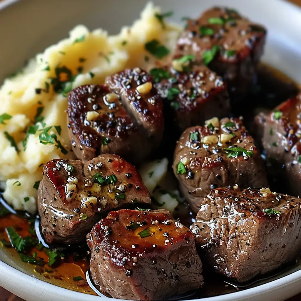 Un plat de morceaux de viande de bœuf parfaitement cuits avec une purée de pommes de terre et des herbes fraîches.