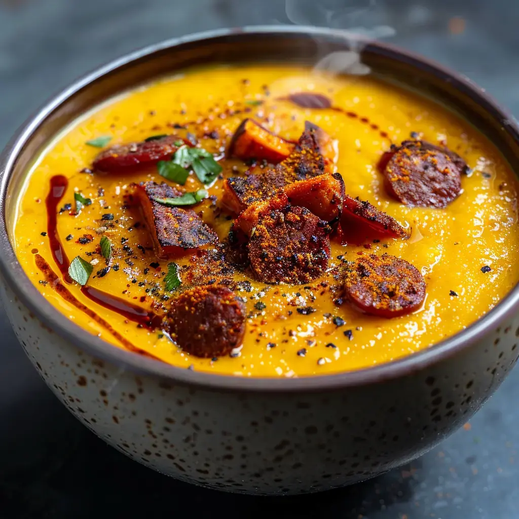 Un bol de soupe crémeuse jaune garnie de morceaux de chorizo, d’herbes fraîches et d’épices.