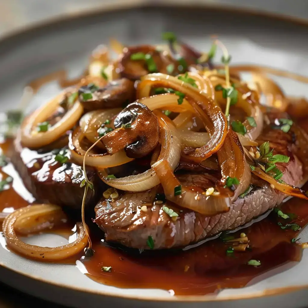 Un plat de steak juteux garni d'oignons caramélisés et de champignons, le tout nappé d'une sauce brillante.