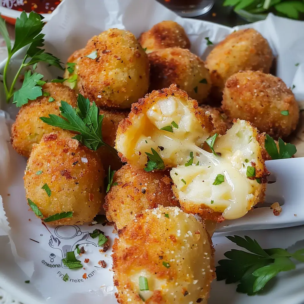 Des croquettes dorées remplies de fromage, présentées dans un plat avec un peu de persil.