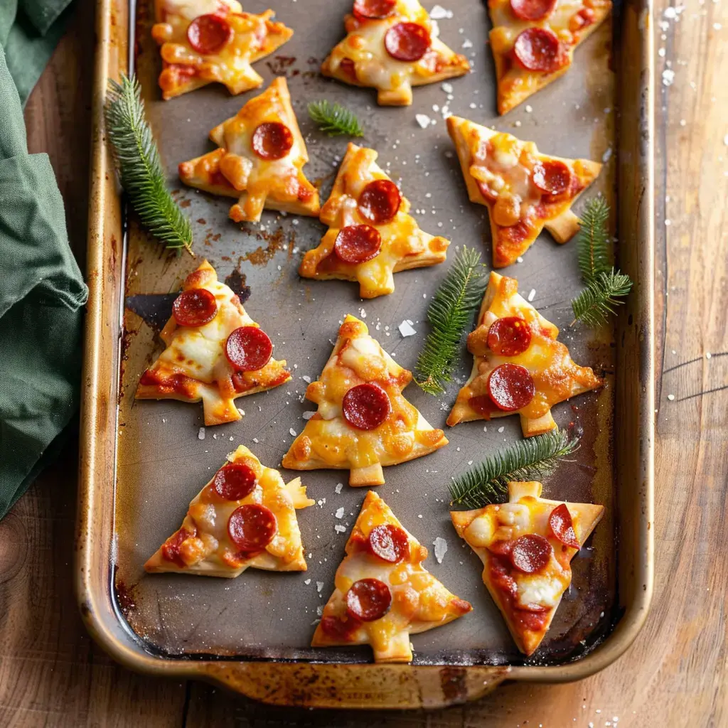 Une plaque de cuisson contient des pizzas en forme de sapin de Noël, garnies de fromage et de pepperoni, entourées de branches de sapin.