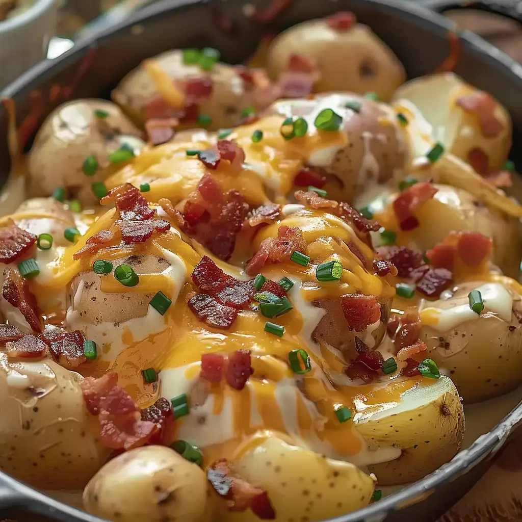 Des pommes de terre recouvertes de fromage cheddar, de bacon croustillant, de crème aigre et de ciboulette.