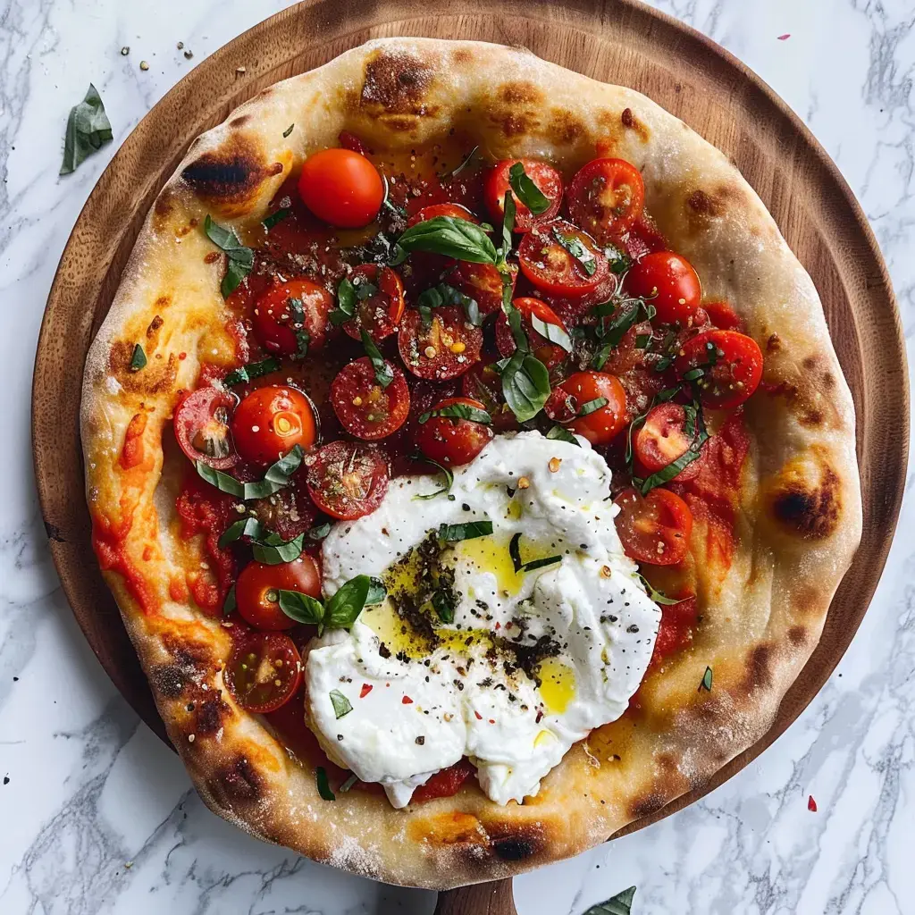 Pizza garnie de tomates cerises, basilic frais et burrata, servie sur une planche en bois.