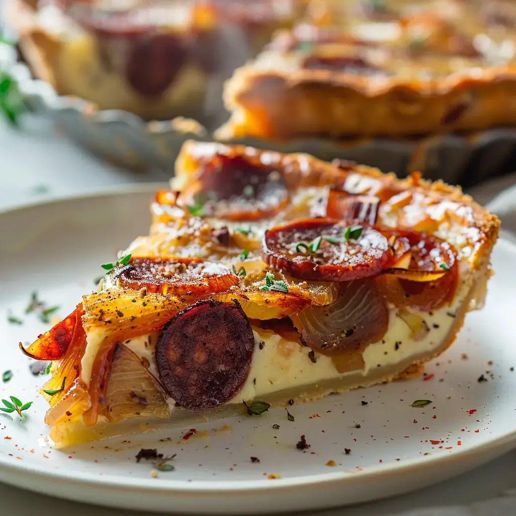 Une part de tarte garnie de chorizo, d'oignons et d'herbes, présentée sur une assiette.