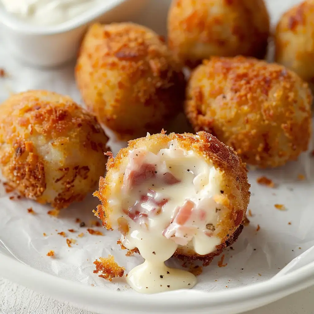 Des boules croustillantes frites, coupées en deux, révélant une garniture crémeuse avec des morceaux de jambon.