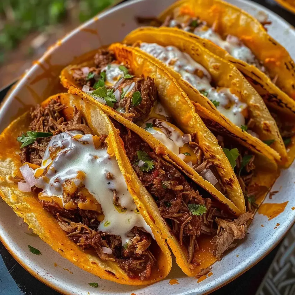 Un plat de tacos garnis de viande hachée, de fromage, de crème et de coriandre, servis sur une assiette.