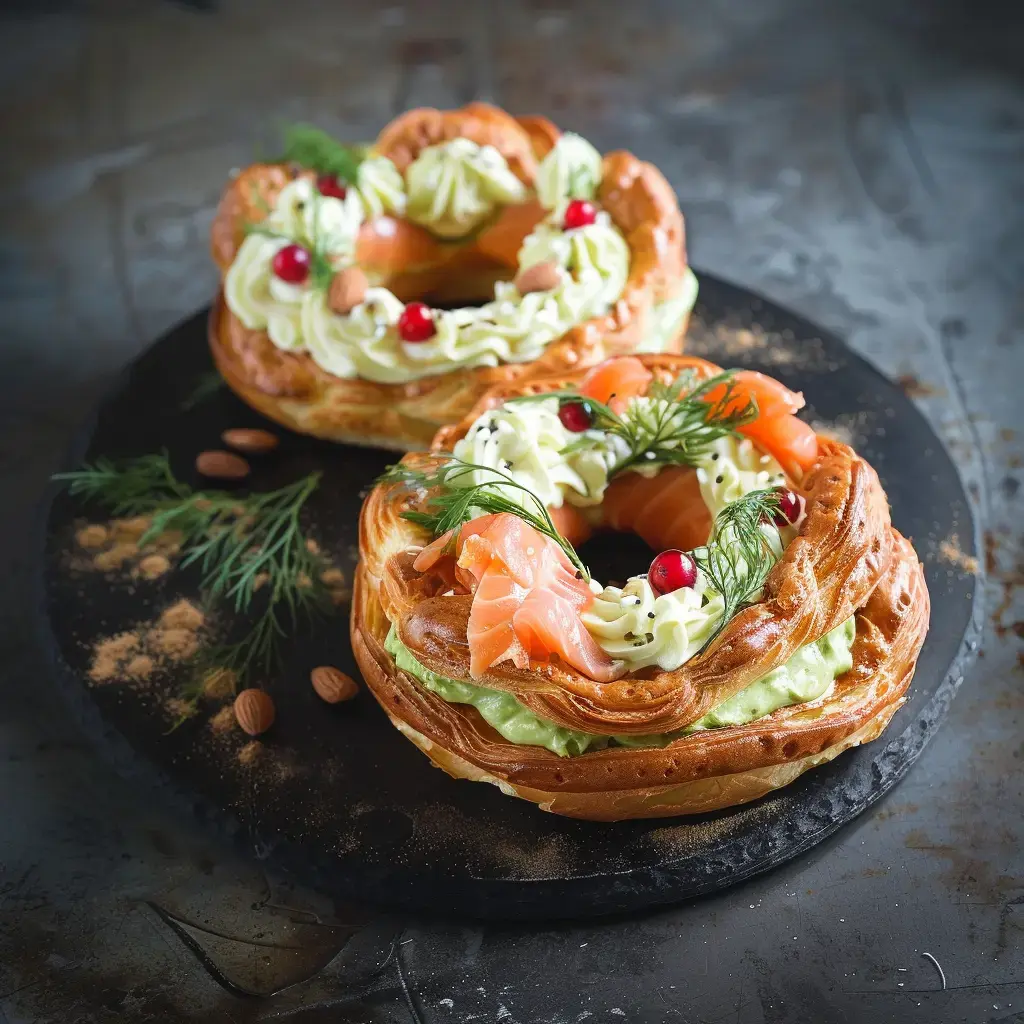 Deux couronnes feuilletées garnies de saumon, de crème et de garnitures décoratives sur un plateau noir.