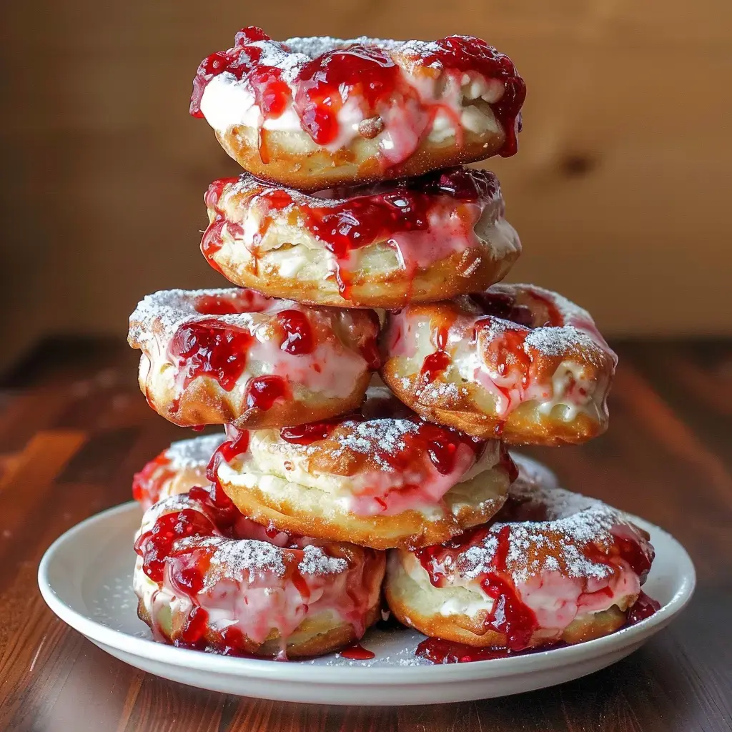 Une pile de beignets recouverts de glaçage rose et de confiture, saupoudrée de sucre glace, est présentée sur une assiette.