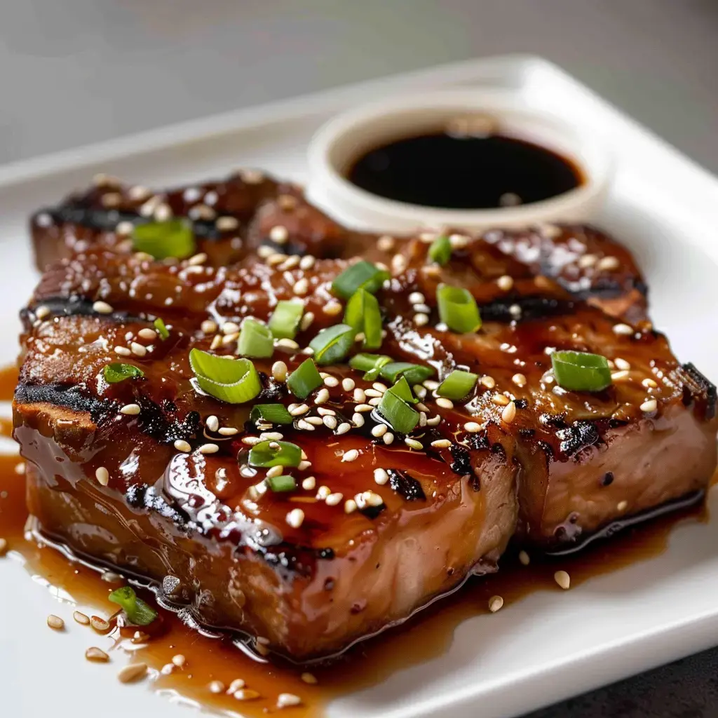 Un plat de viande caramelisée garni d'oignons verts et de graines de sésame, accompagné d'une petite coupelle de sauce noire.