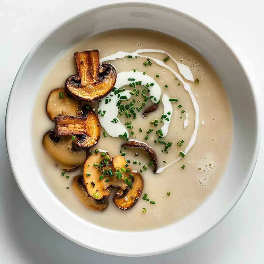 Une soupe crémeuse aux champignons garnie de rondelles de champignons grillés et de ciboulette.