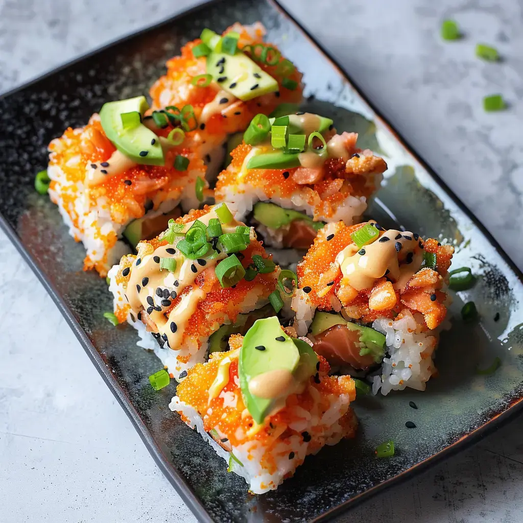 Plateau de sushi coloré garni d'avocat, de poisson, de sauce et de graines sur un fond noir.