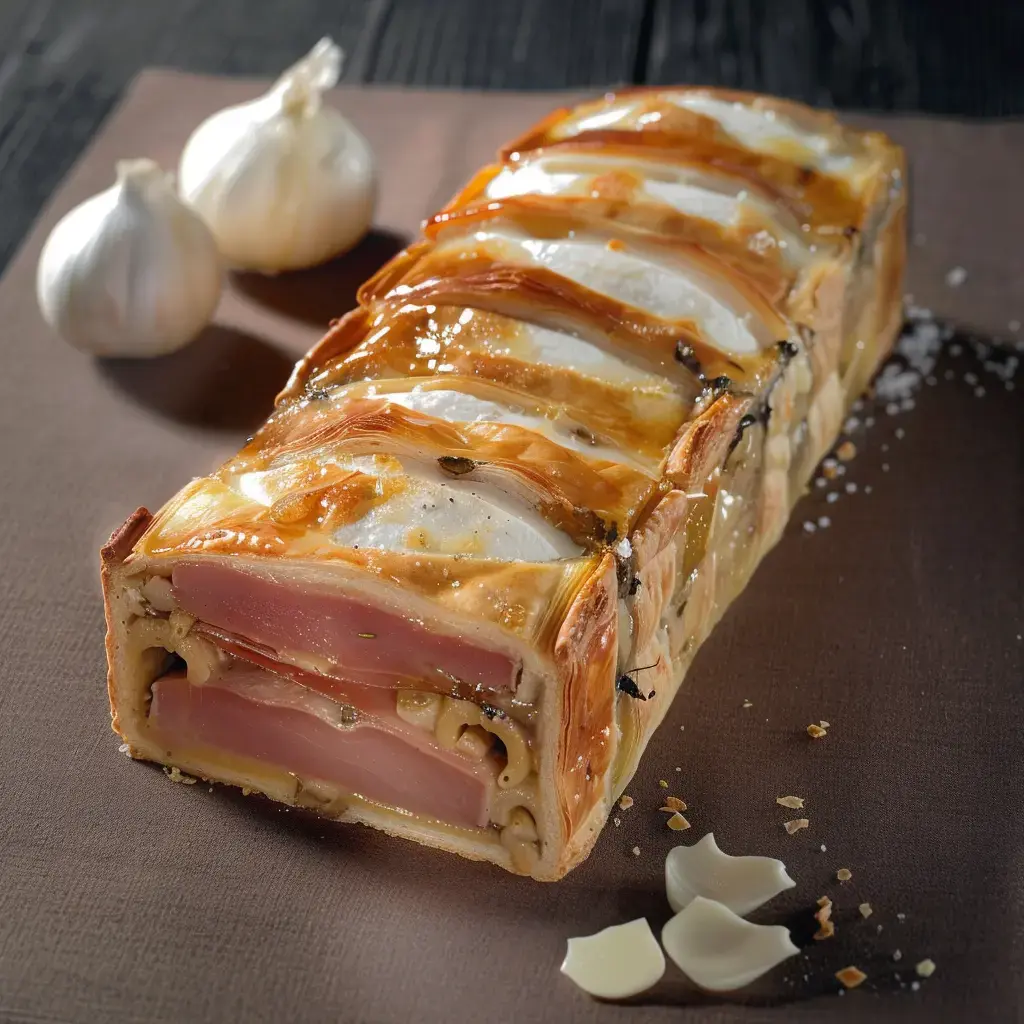 Une terrine de viande en croûte est présentée, accompagnée de gousses d'ail sur un fond sombre.