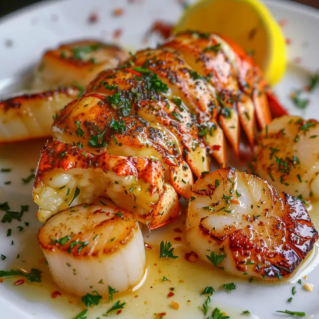 Des queues de homard grillées accompagnées de coquilles Saint-Jacques, garnies de persil et de quartiers de citron.