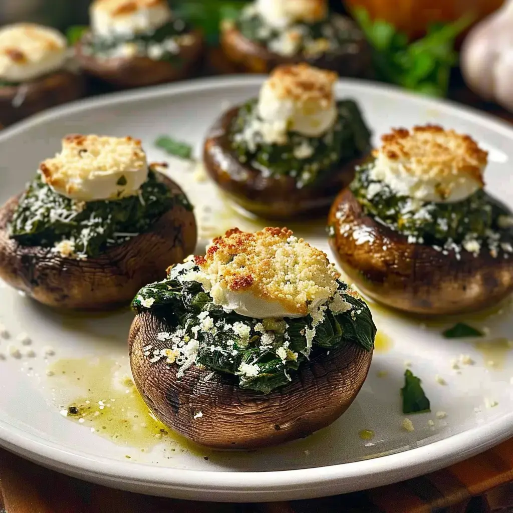 Des champignons farcis aux épinards, garnis de fromage et de chapelure dorée, présentés sur une assiette.