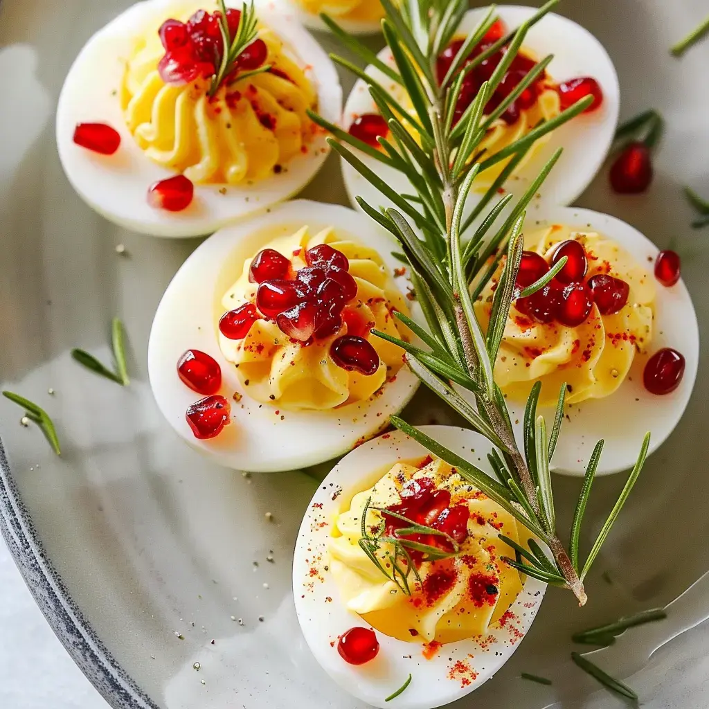 Des œufs mimosa garnis de crème jaune, parsemés de graines de grenade et décorés de brins de romarin.