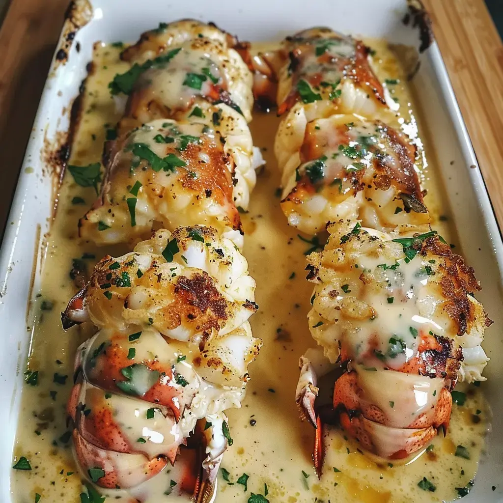 Plat de queues de homard gratinées avec une sauce crémeuse et des herbes fraîches.