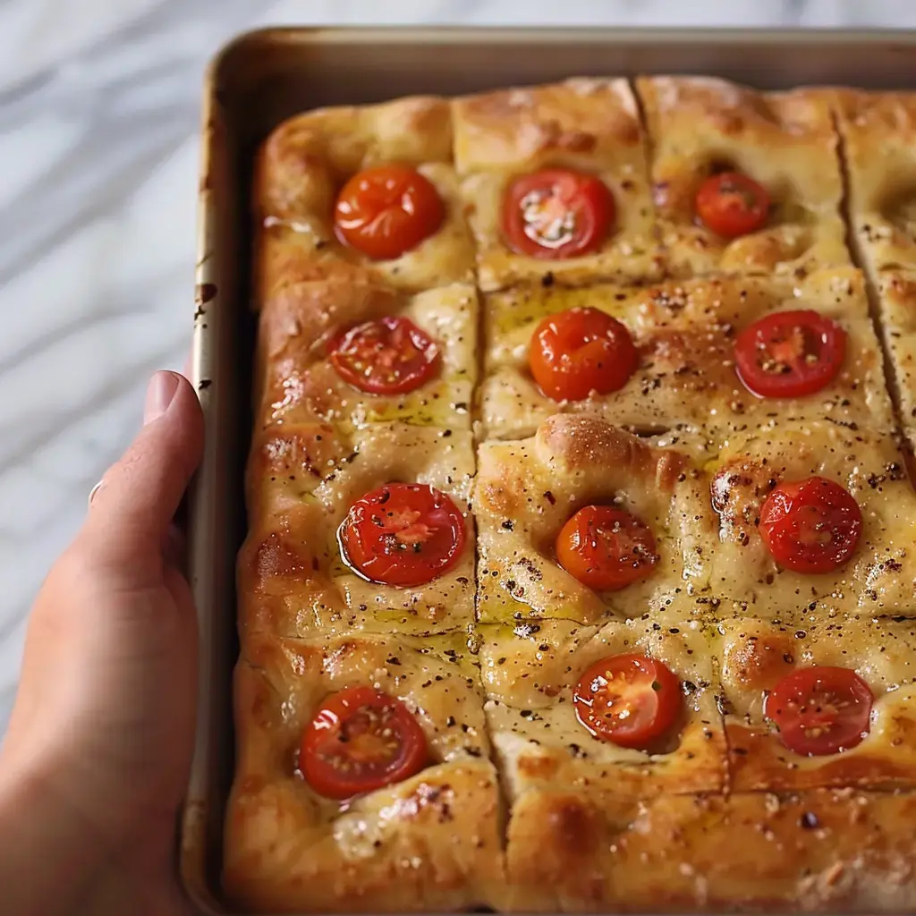 Une personne tient un plat de focaccia garnie de tomates cerises dorées.