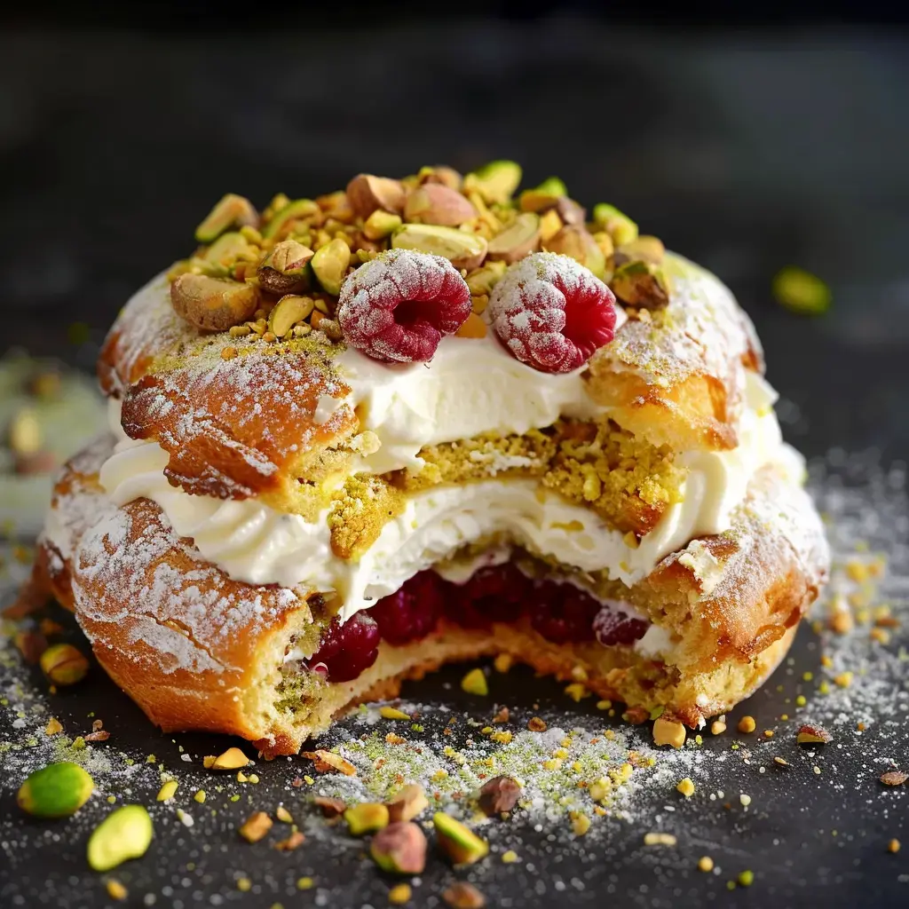 Un dessert à la crème, garni de framboises et de pistaches, avec une couche de biscuit éclaté sur un fond de poudre de sucre.