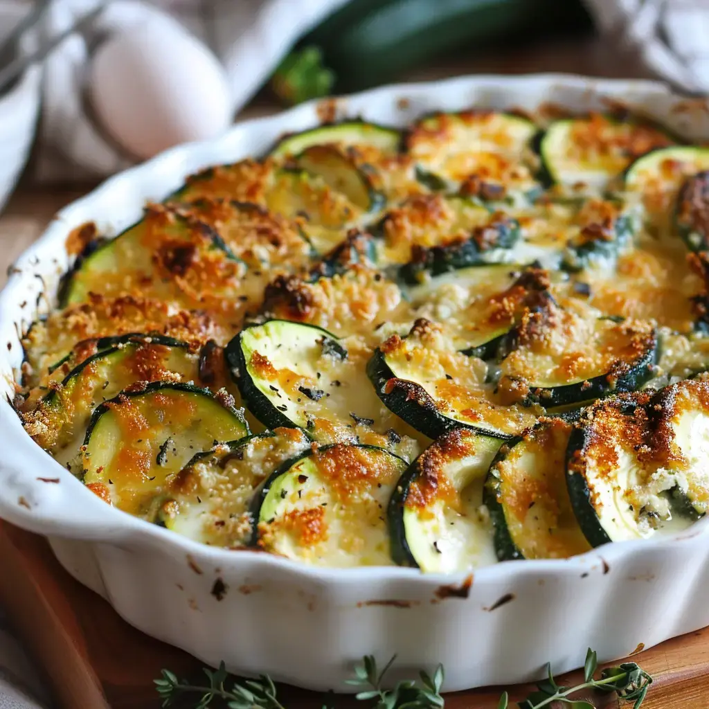 Un gratin de courgettes dorées au fromage, servi dans un plat blanc, accompagné d'un œuf et d'une courgette crue en arrière-plan.