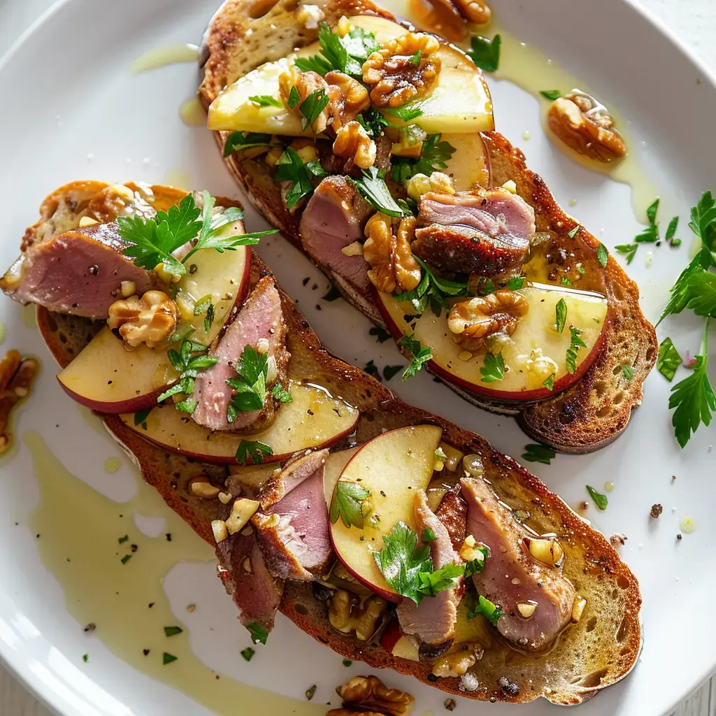 Deux tranches de pain garnies de pommes, de magret de canard, de noix et de persil, arrosées d'huile d'olive.