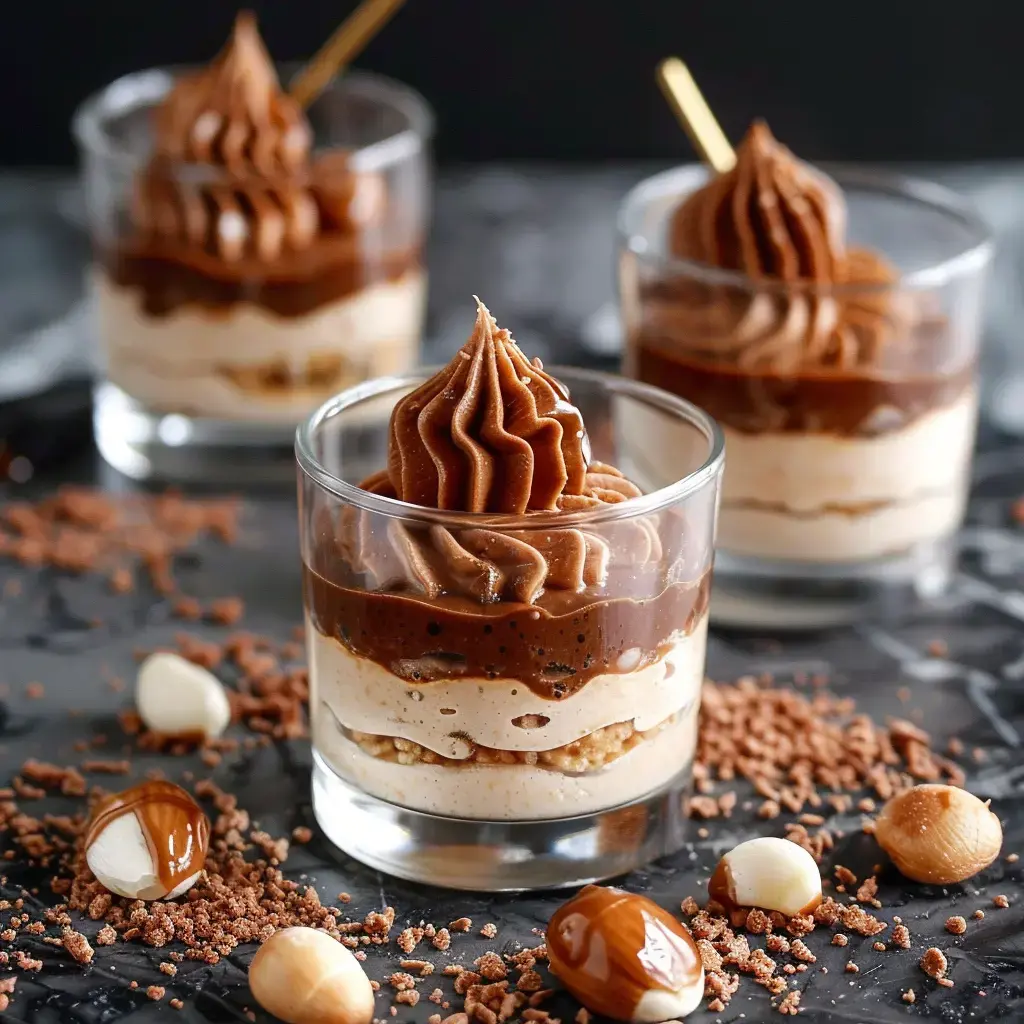 Des verrines de dessert avec plusieurs couches de crème au chocolat et de biscuits, garnies de crème chantilly, et entourées de morceaux de noisettes.