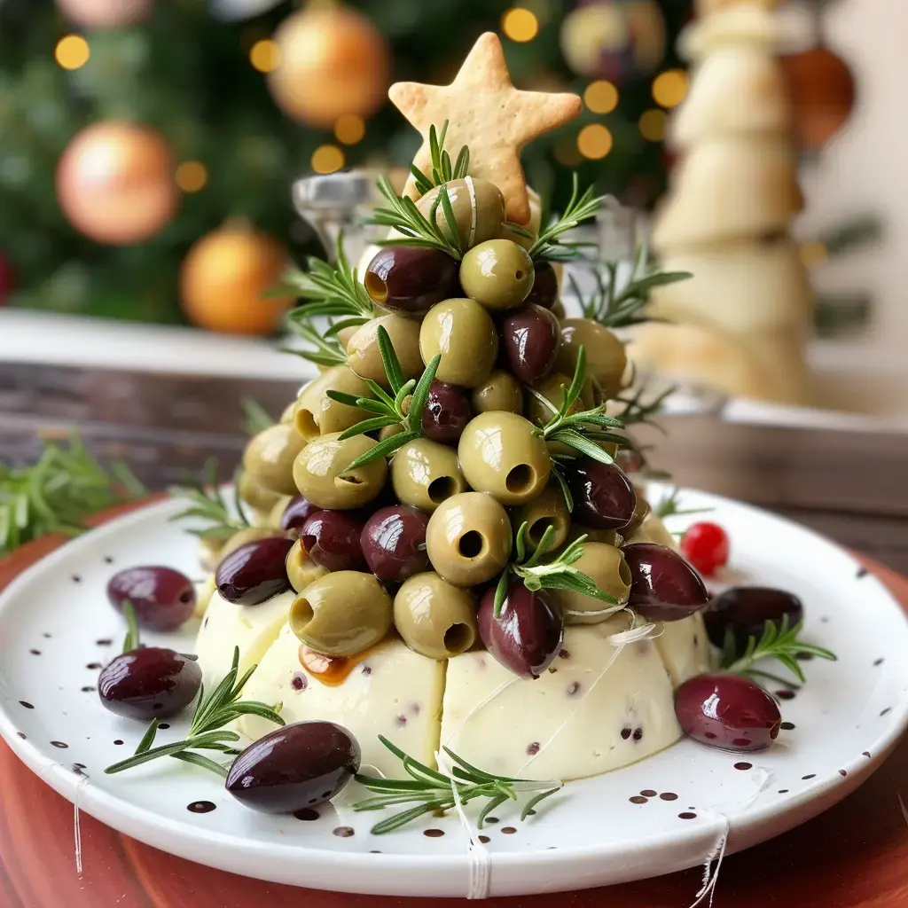 Un plat en forme de sapin de Noël, décoré d'olives vertes et noires, de brins de romarin et surmonté d'une étoile en biscuit.