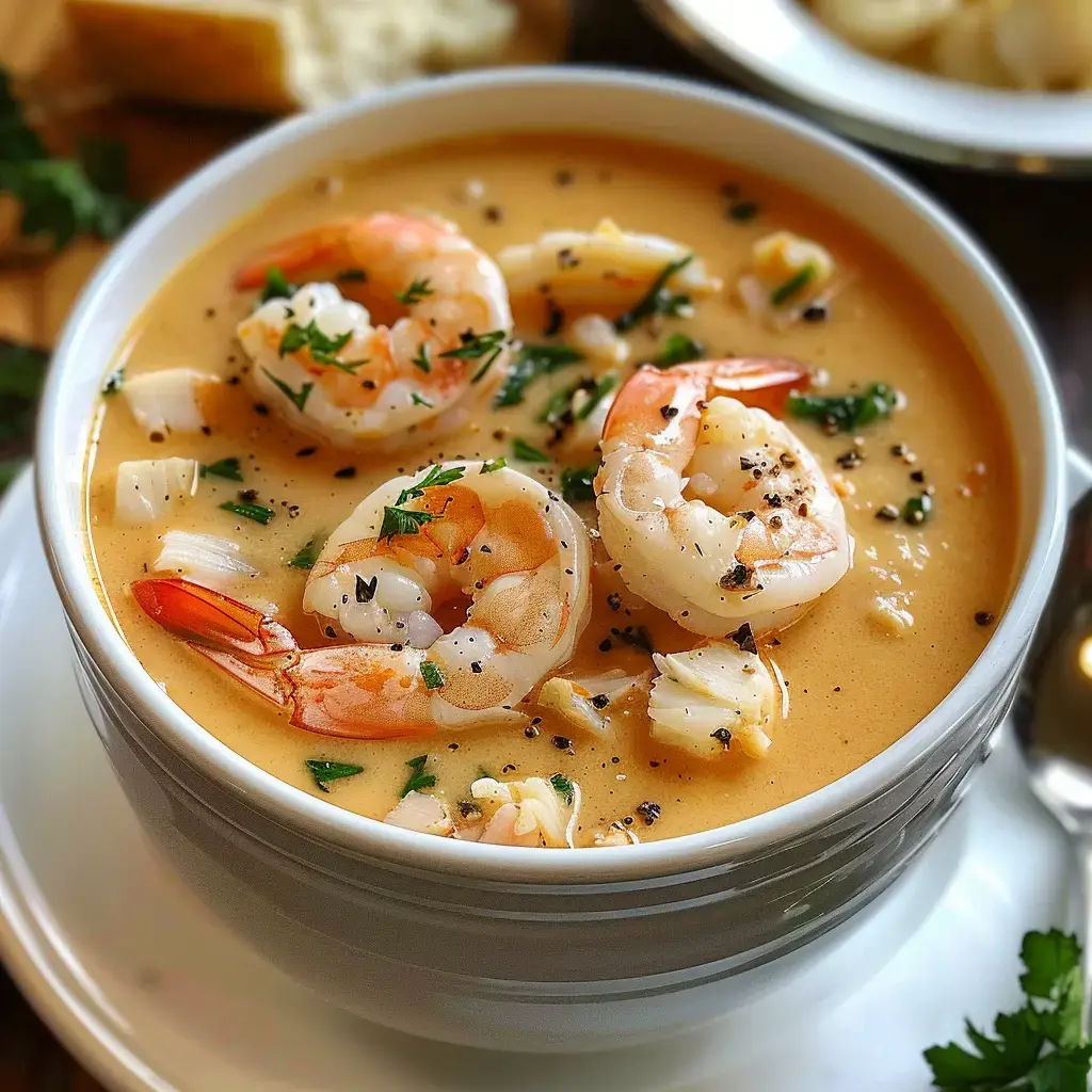 Bol de soupe crémeuse aux crevettes, garni de ciboulette et de poivre noir.