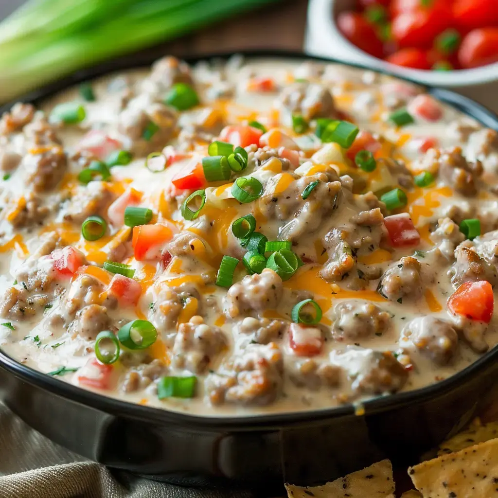 Un plat de sauce crémeuse avec de la viande hachée, des tomates, des oignons verts et du fromage, servi avec des chips.