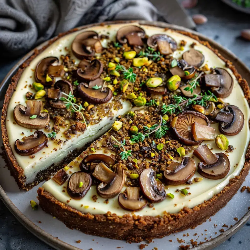 Tarte au fromage décorée de champignons, pistaches et miettes, avec une part coupée.