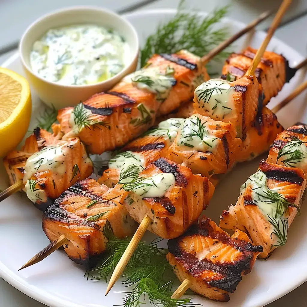 Brochettes de saumon grillées, garnies de sauce à l'aneth, servies avec un quartier de citron et un bol de sauce.