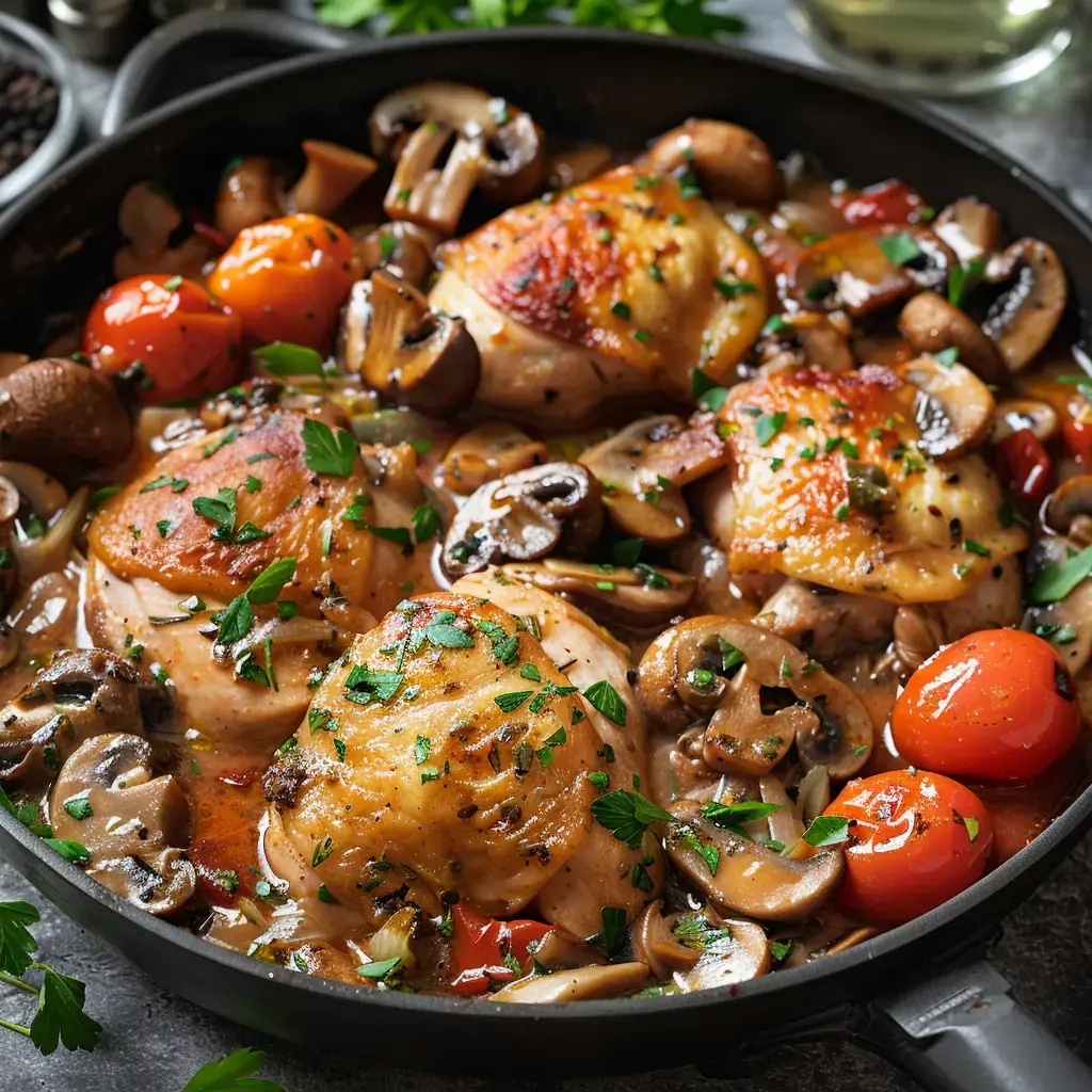 Un plat de poulet rôti accompagné de champignons et de tomates cerises, garni de persil frais, dans une poêle.