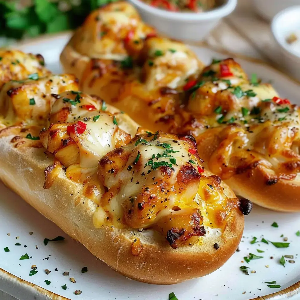 Des petits pains garnis de poulet, fromage fondant et herbes, présentés sur une assiette.