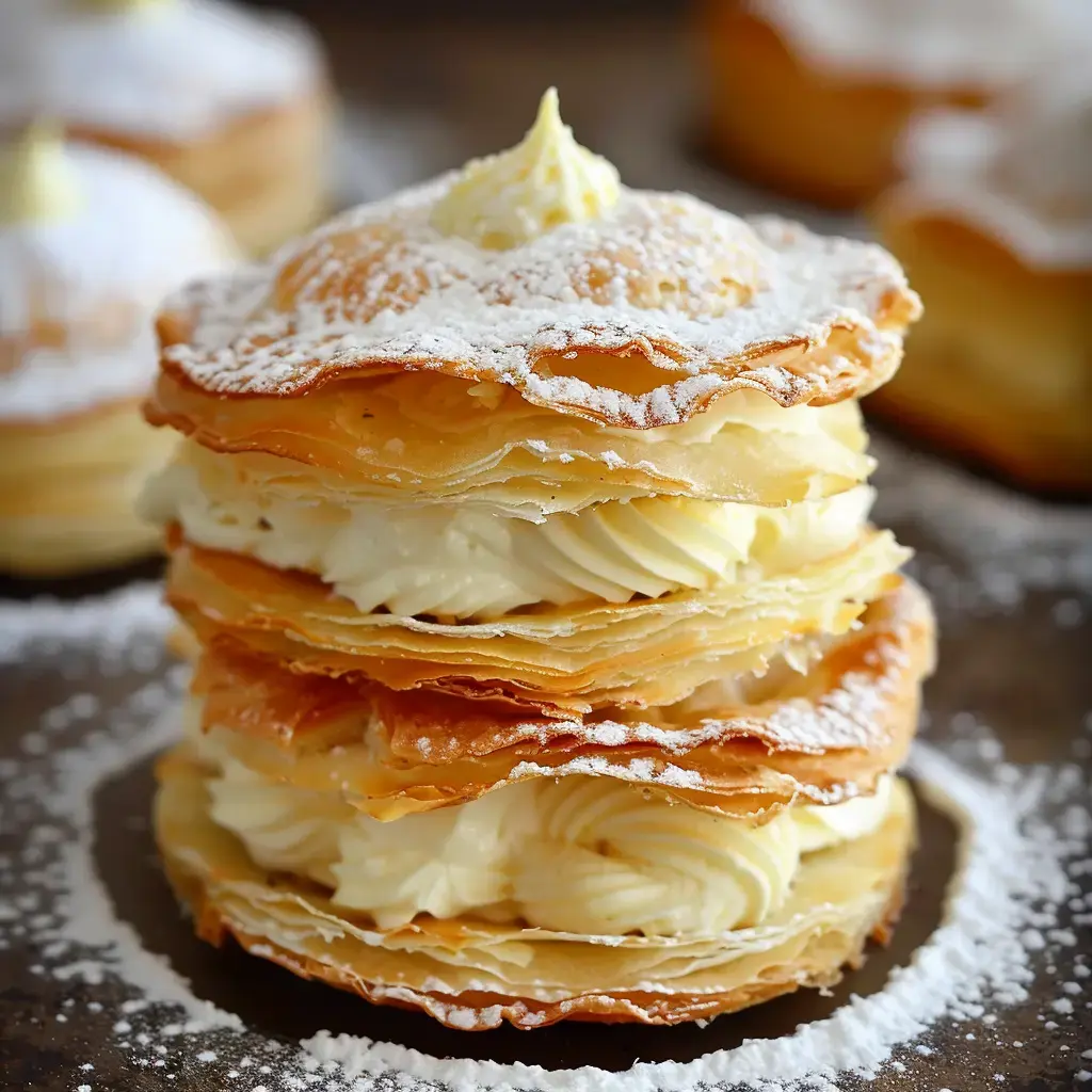 Trois couches de pâtisserie feuilletée garnies de crème, saupoudrées de sucre glace.