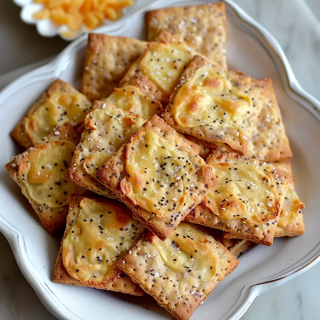 Une assiette de crackers dorés au fromage et aux graines de pavot, garnis de sel.