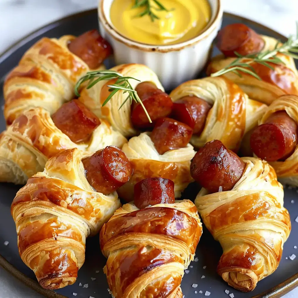 Des croissants feuilletés garnis de morceaux de saucisse, accompagnés d'une petite coupe de moutarde.