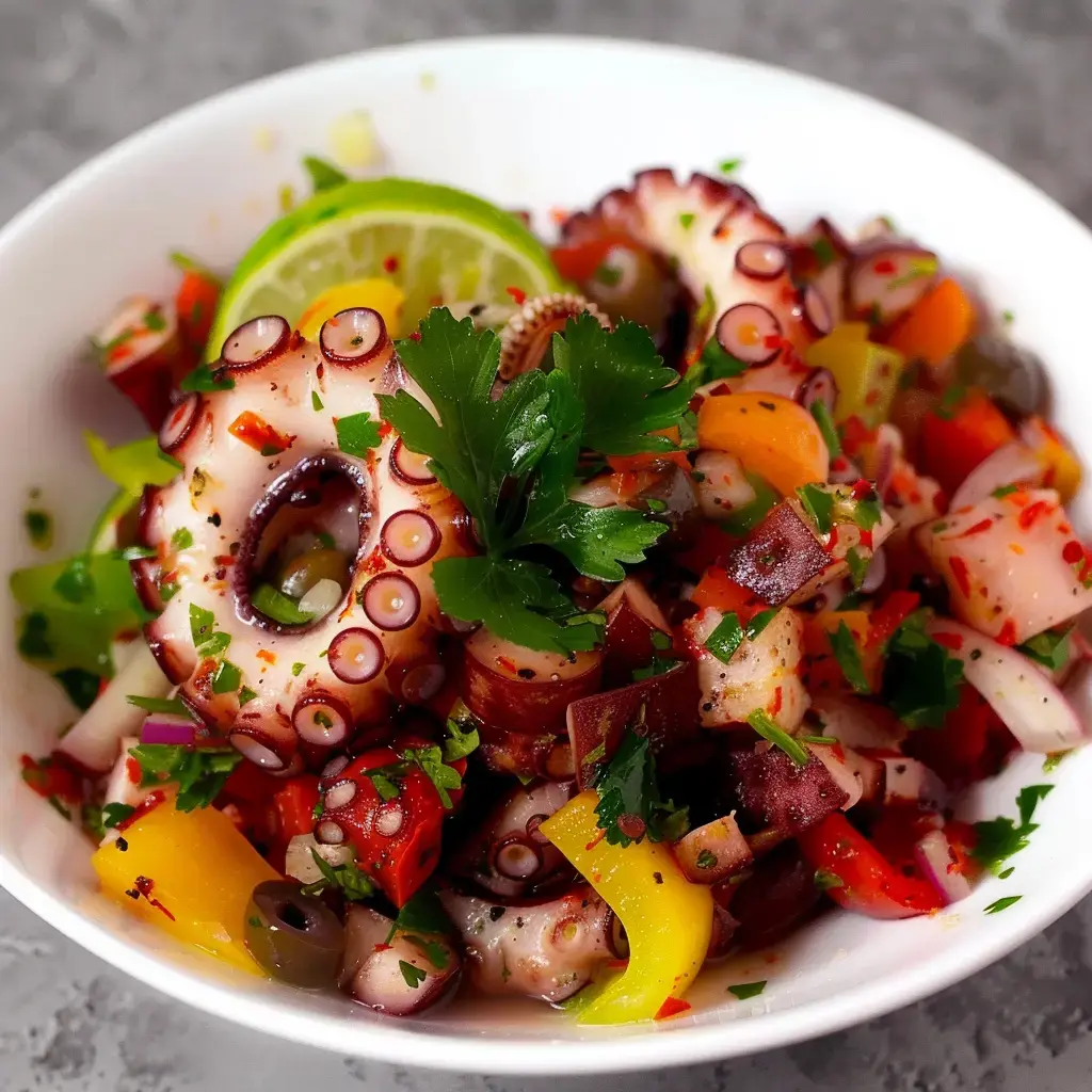 Salade colorée de poulpe avec des légumes frais et des herbes dans un bol blanc.