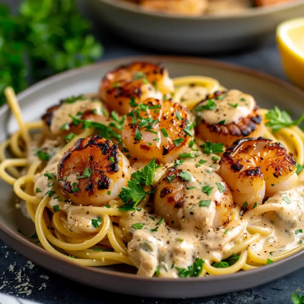 Un plat de pâtes garnies de noix de Saint-Jacques grillées, nappées d'une sauce crémeuse et parsemées de persil frais.