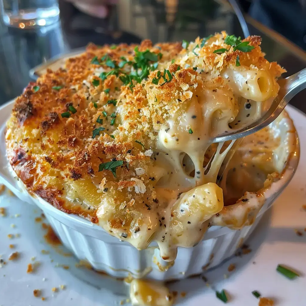 Un gratin de macaronis au fromage crémeux, garni de chapelure dorée et de persil frais.