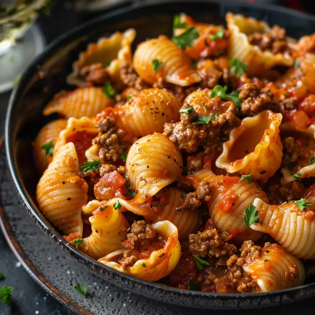 Un plat de pâtes en forme de coquillage mélangé avec de la viande hachée et une sauce tomate, garni de persil frais.