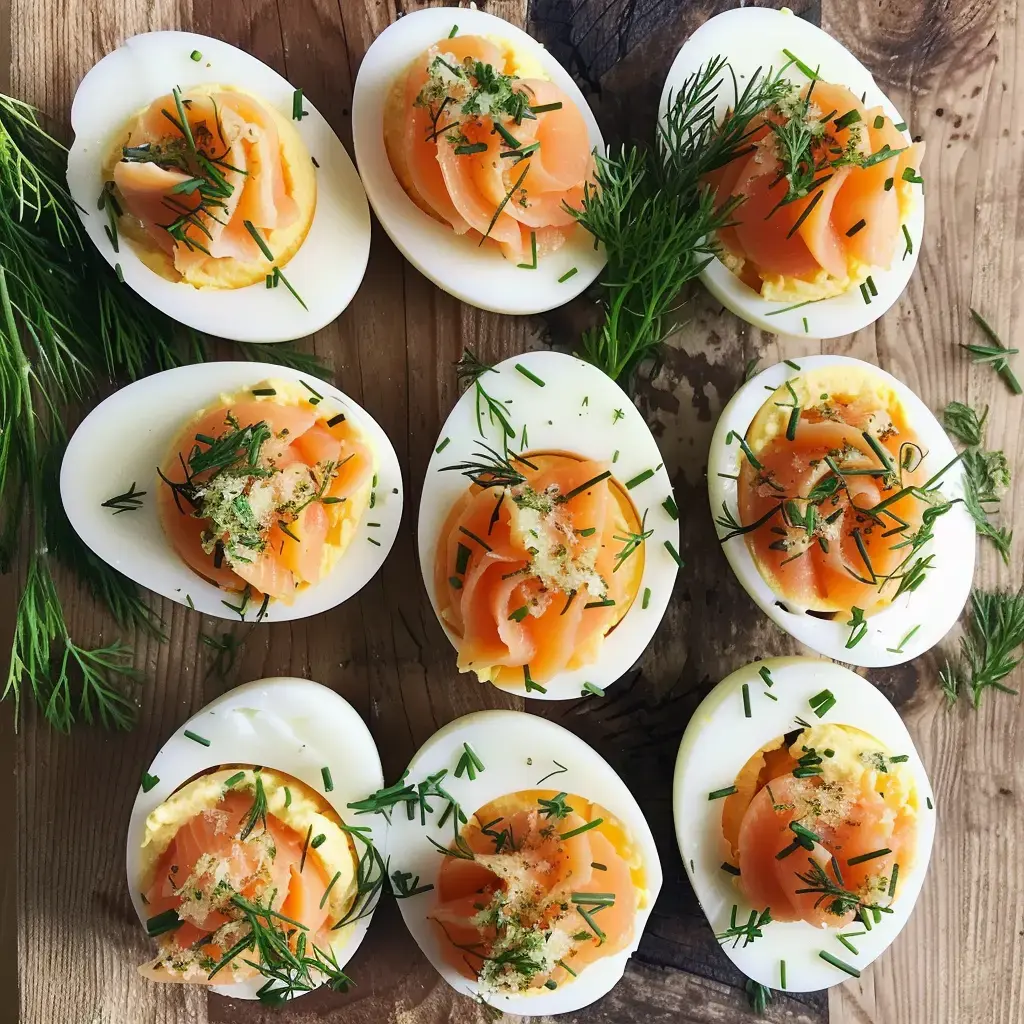 Des œufs durs garnis de saumon fumé et d'herbes fraîches sur une planche en bois.