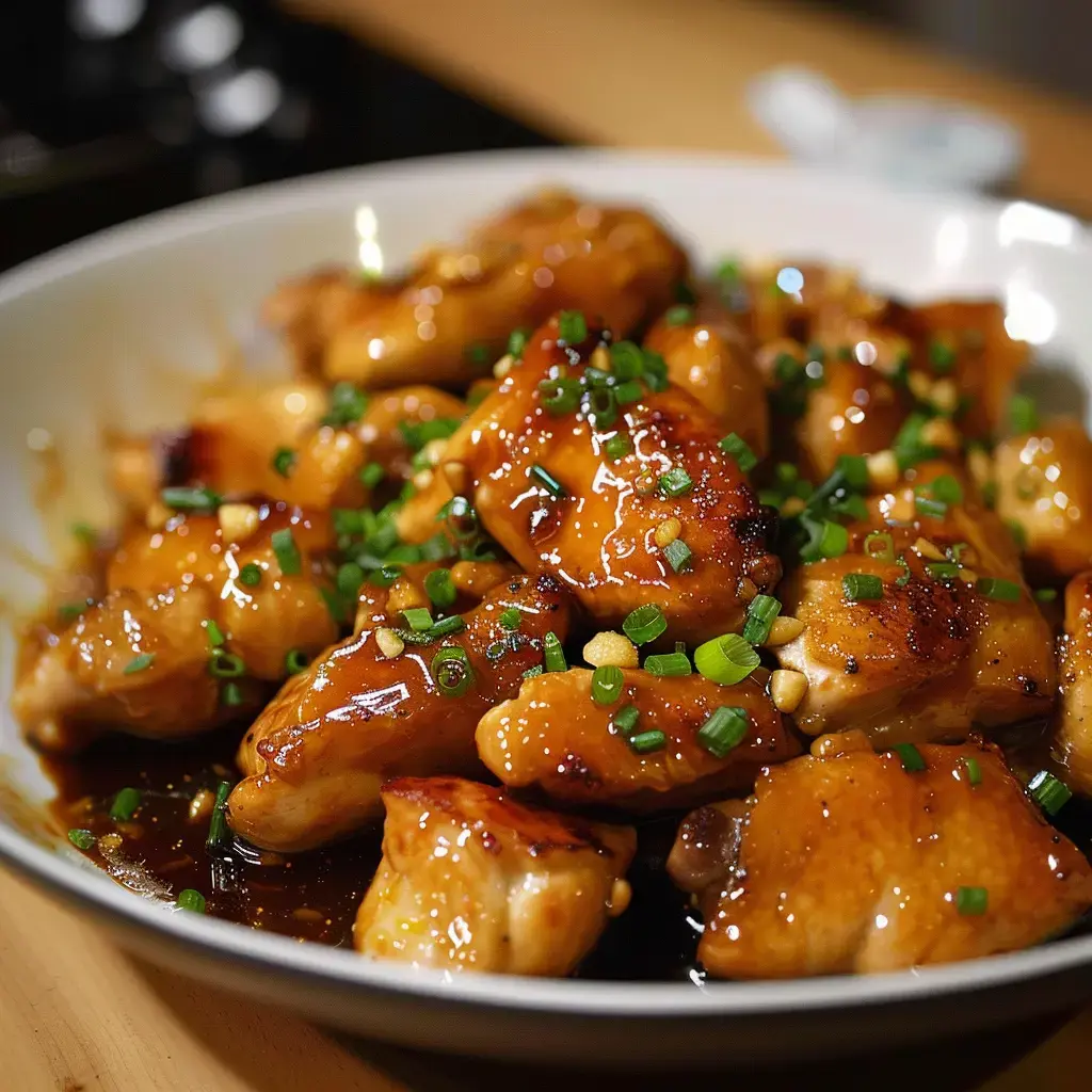 Un plat de poulet rôti, nappé de sauce brillante et garni d'oignons verts émincés.