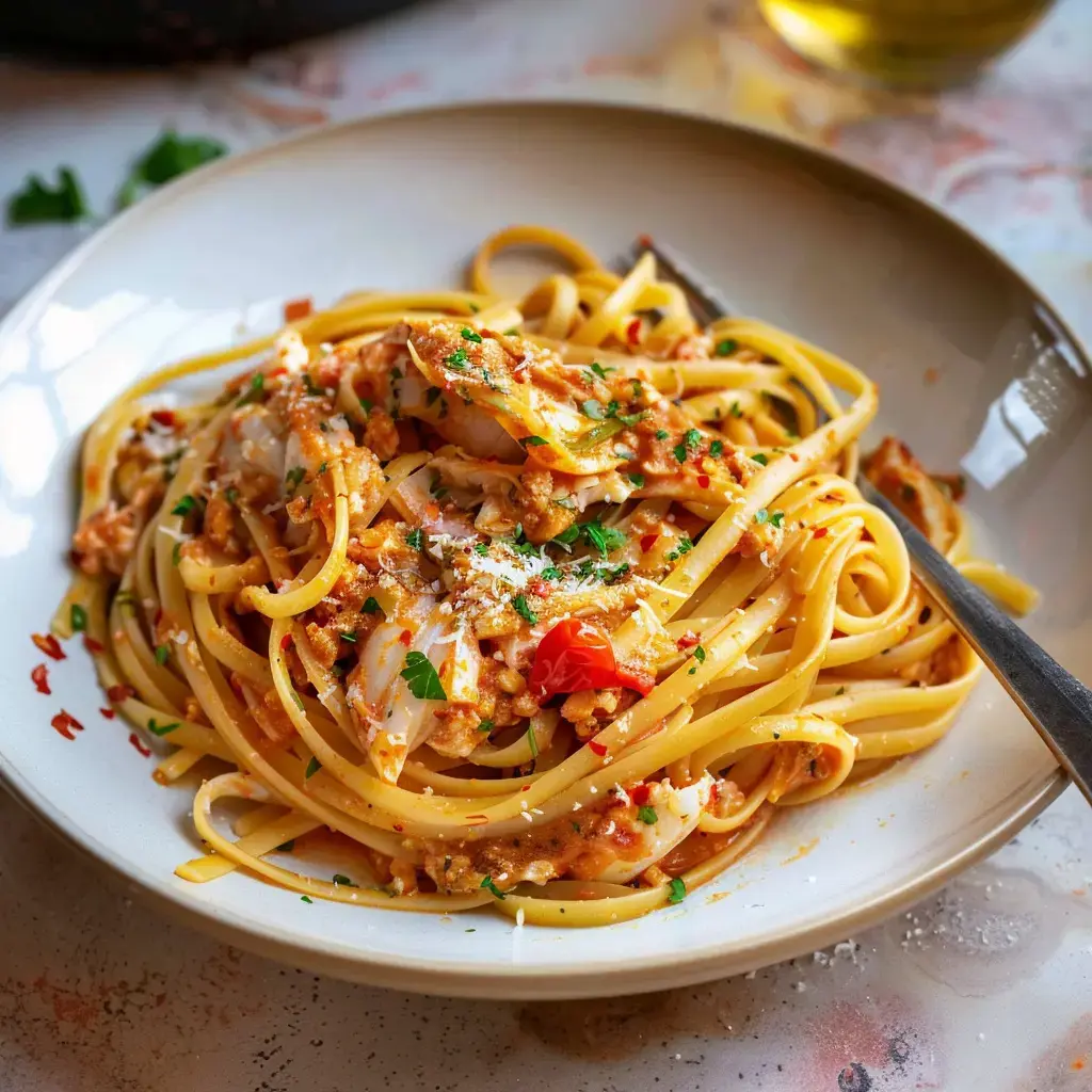 Un plat de pâtes linguine nappé d'une sauce à base de tomates, de viande et garni de fromage râpé et de persil.