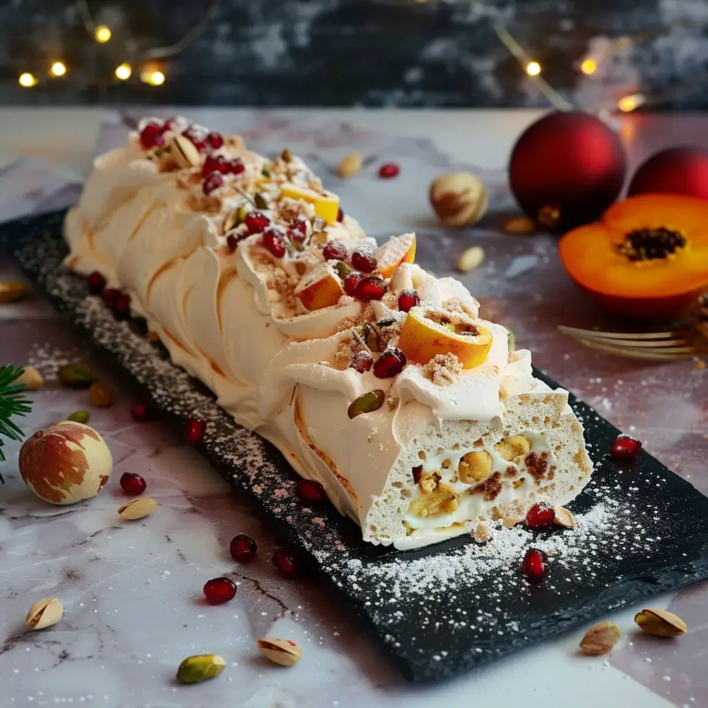 Une bûche de Noël délicatement décorée avec de la crème, des fruits, des éclats de grenade et des noix, présentée sur un plateau noir.