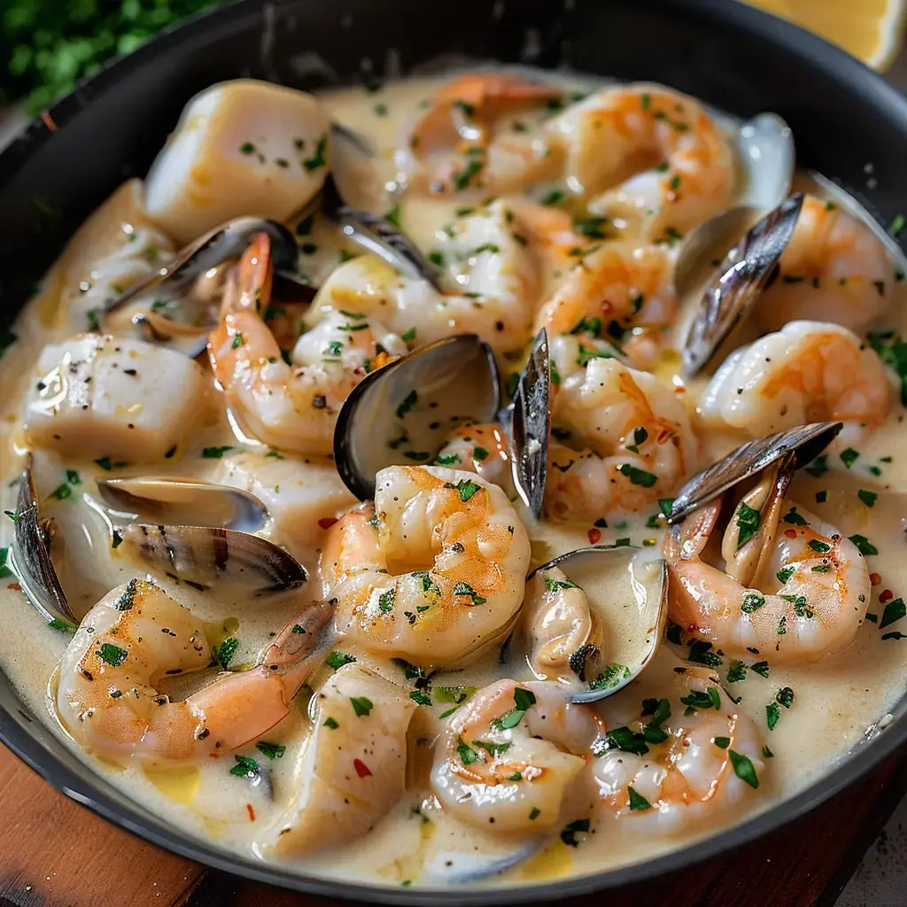 Un plat de fruits de mer composé de crevettes, coquilles Saint-Jacques et palourdes, dans une sauce crémeuse garnie de persil.