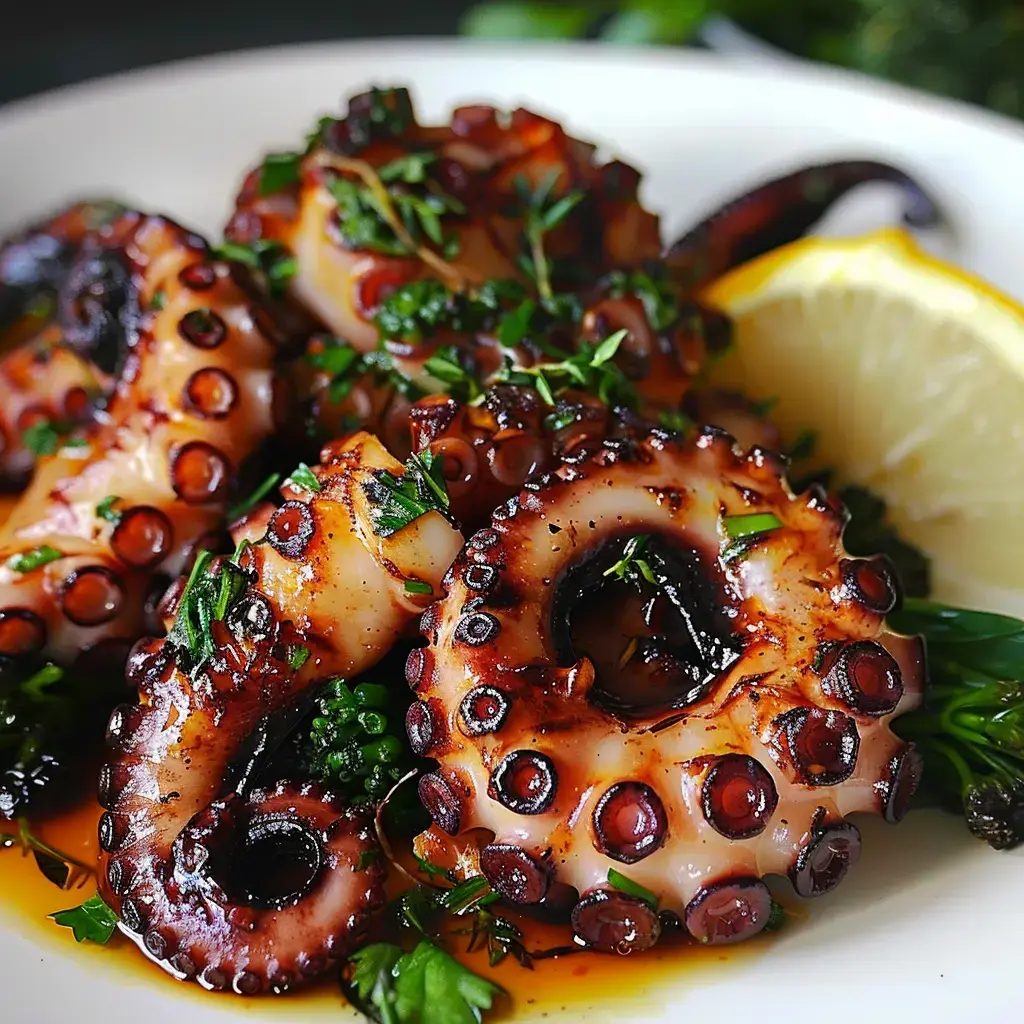 Des tentacules de poulpe grillés garnis de fines herbes et accompagnés d'un quartier de citron.