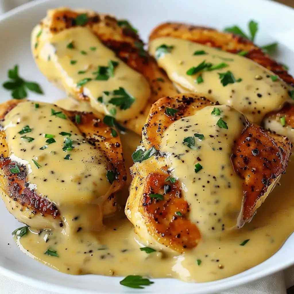 Des filets de poulet grillés nappés d'une sauce crémeuse, garnis de persil et de poivre, servis dans une assiette.