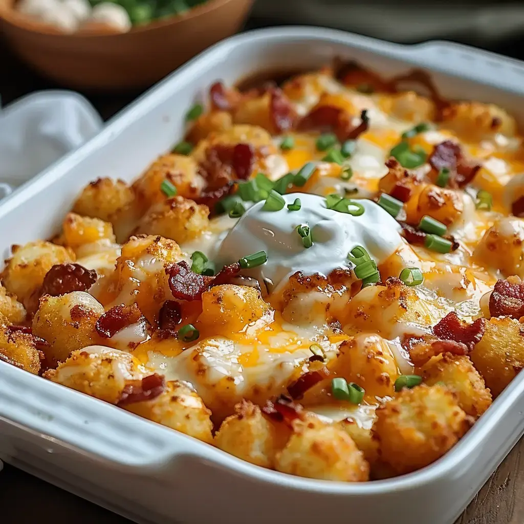 Un plat en céramique rempli de pommes de terre rôties, garnies de bacon, de fromage fondu, de crème aigre et de ciboulette.