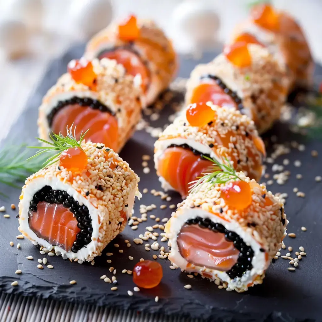 Des rouleaux de sushi garnis de saumon, crème fraîche, caviar et graines de sésame, présentés sur une planche noire.